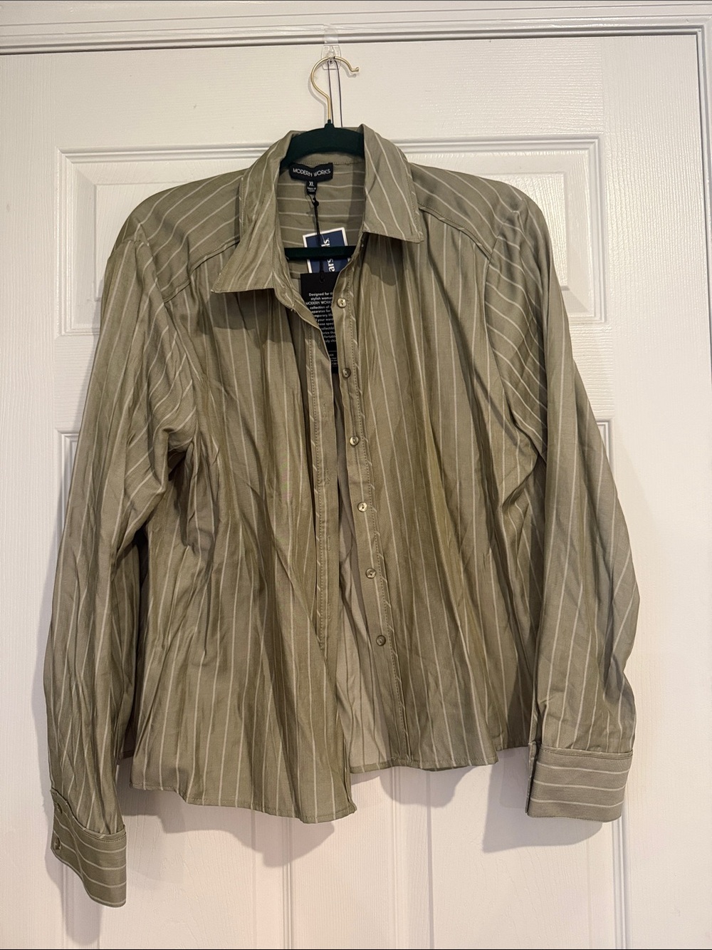 NWT Modern Works Olive Green Striped Button-Up Shirt